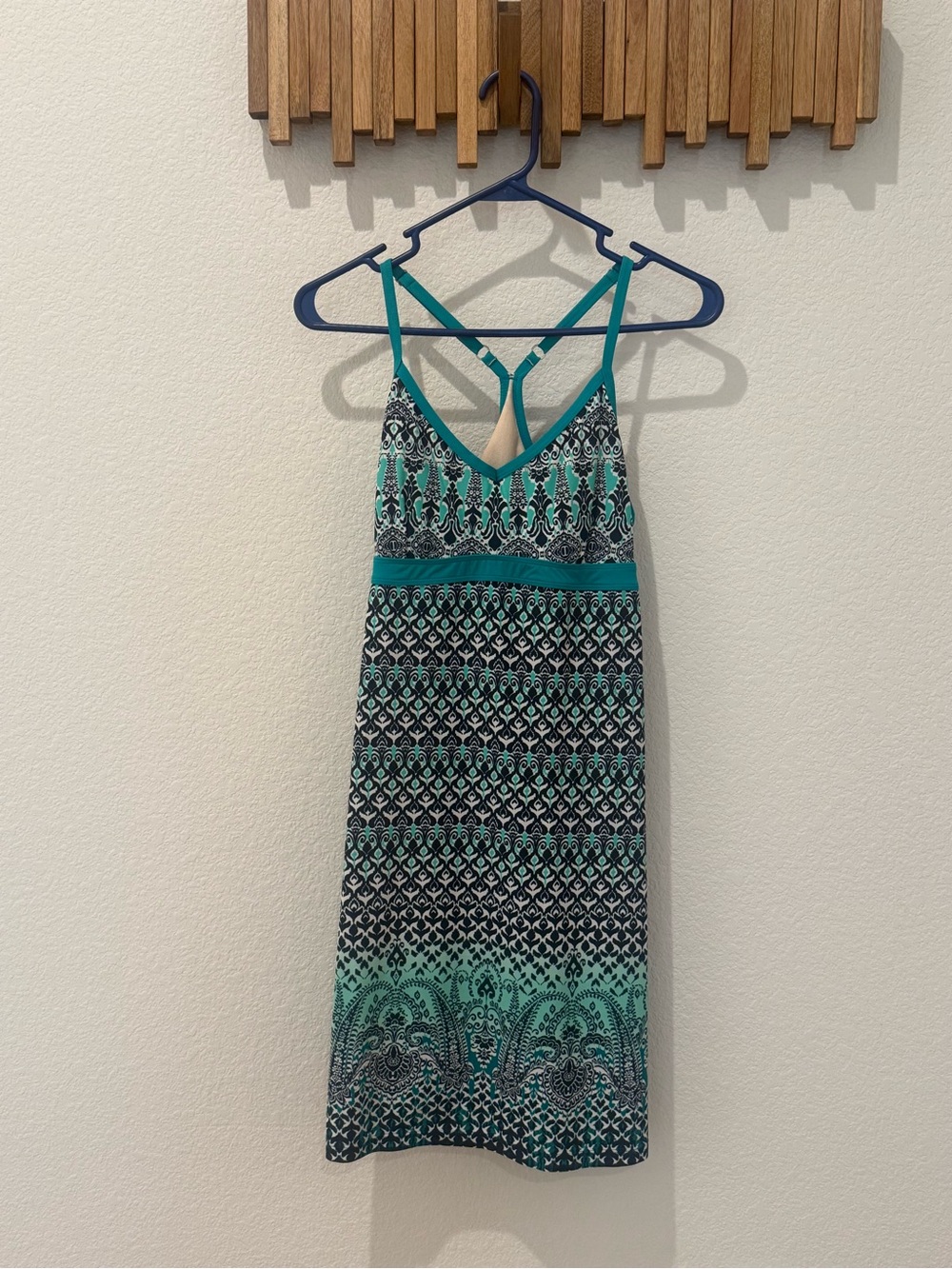 Athleta Teal and Black Patterned Strappy Midi Dress